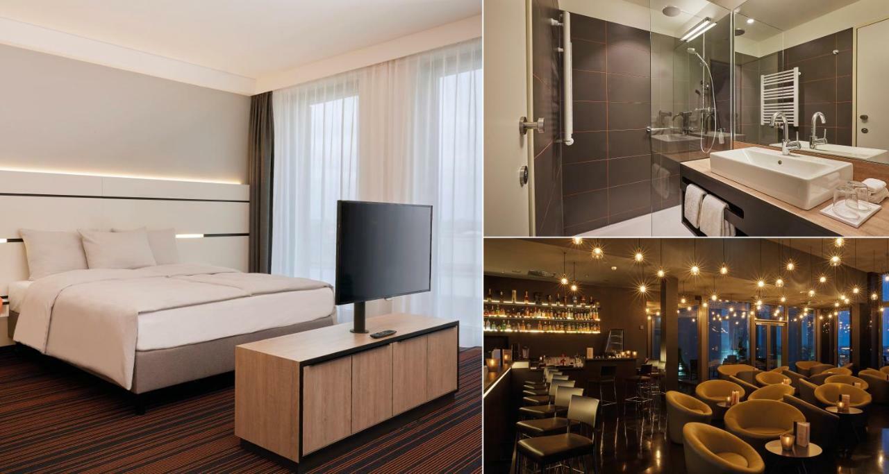 Hyperion Hotel Хамбург Екстериор снимка The photo showcases a modern hotel environment. 

1. **Left Side**: A contemporary hotel room featuring a bed, a television on a wooden stand, and large windows letting in natural light. The design is sleek and minimalistic.

2. **Top Right**: A styl